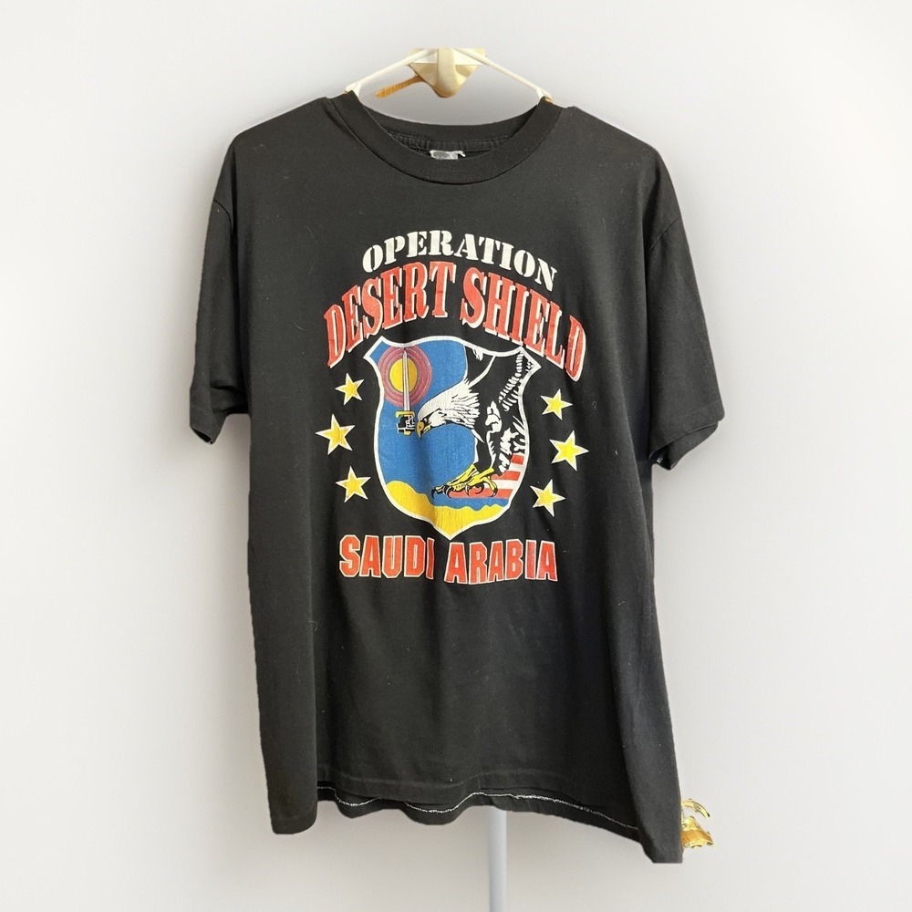 Vintage Operation Desert Shield Shirt Mens Large Black Saudi Arabia‎ Graphic 90s